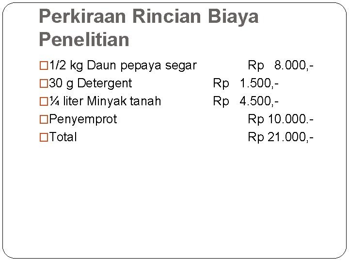 Perkiraan Rincian Biaya Penelitian � 1/2 kg Daun pepaya segar � 30 g Detergent