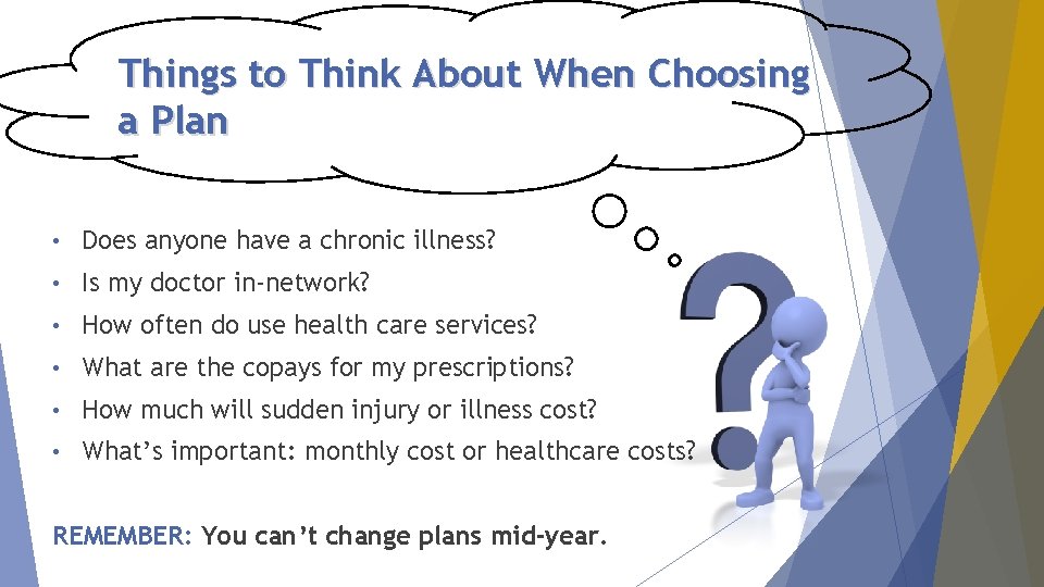 Things to Think About When Choosing a Plan • Does anyone have a chronic