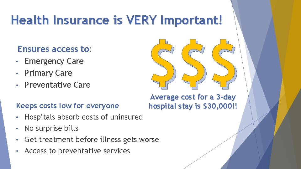 Health Insurance is VERY Important! Ensures access to: Emergency Care • Primary Care •