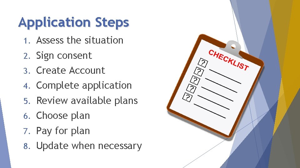 Application Steps 1. Assess the situation 2. Sign consent 3. Create Account 4. Complete