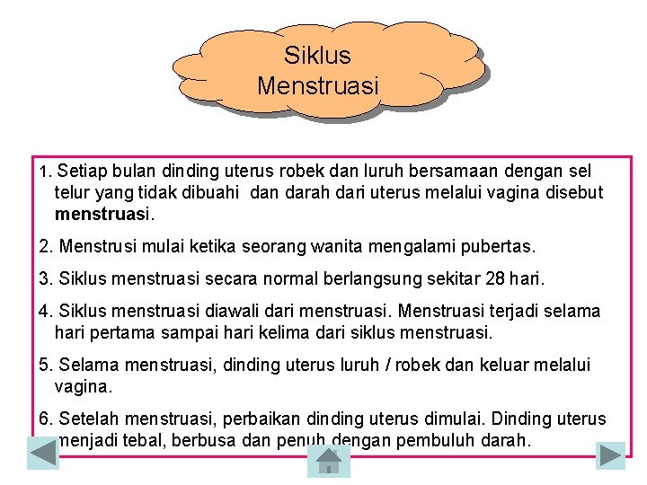 Siklus Menstruasi 1. Setiap bulan dinding uterus robek dan luruh bersamaan dengan sel telur Siklus Menstruasi 1. Setiap bulan dinding uterus robek dan luruh bersamaan dengan sel telur