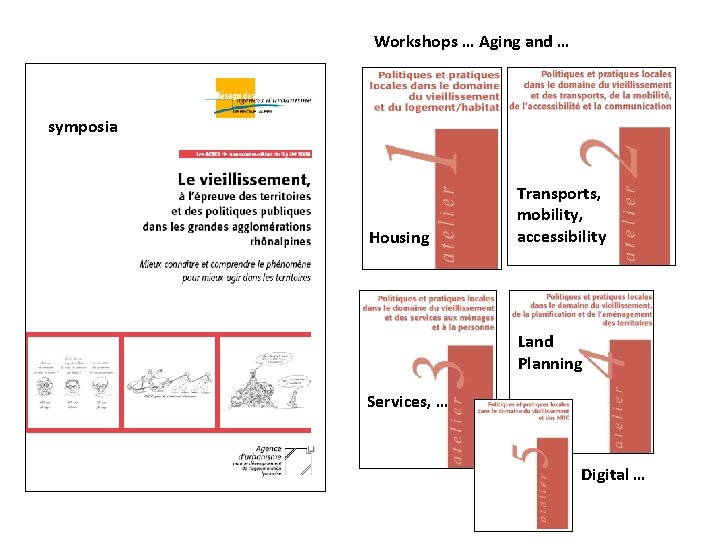 Workshops … Aging and … symposia Housing Transports, mobility, accessibility Land Planning Services, …