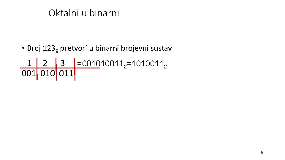Oktalni u binarni • Broj 1238 pretvori u binarni brojevni sustav 1 2 3