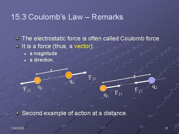 15. 3 Coulomb’s Law – Remarks The electrostatic force is often called Coulomb force.