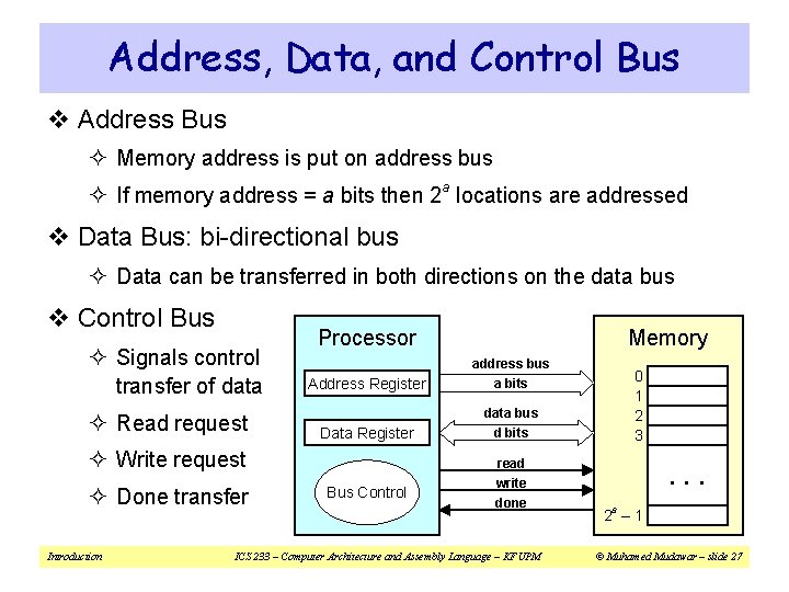 Address, Data, and Control Bus v Address Bus ² Memory address is put on