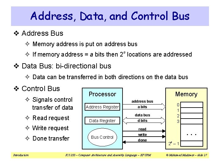 Address, Data, and Control Bus v Address Bus ² Memory address is put on Address, Data, and Control Bus v Address Bus ² Memory address is put on
