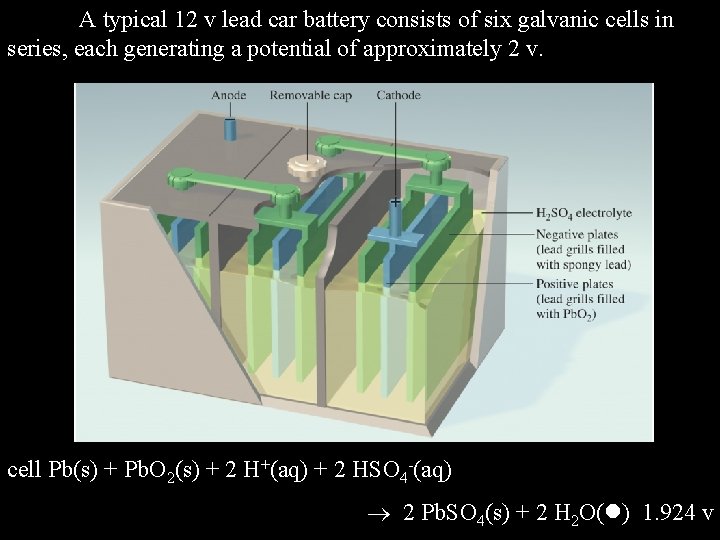 A typical 12 v lead car battery consists of six galvanic cells in series,