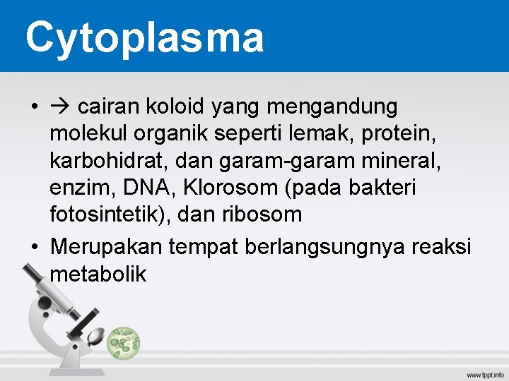 Cytoplasma • cairan koloid yang mengandung molekul organik seperti lemak, protein, karbohidrat, dan garam-garam Cytoplasma • cairan koloid yang mengandung molekul organik seperti lemak, protein, karbohidrat, dan garam-garam