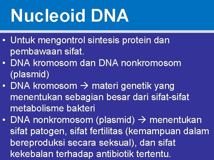 Nucleoid DNA • Untuk mengontrol sintesis protein dan pembawaan sifat. • DNA kromosom dan Nucleoid DNA • Untuk mengontrol sintesis protein dan pembawaan sifat. • DNA kromosom dan