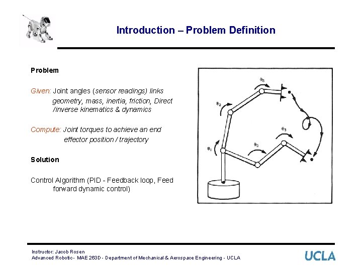 Introduction – Problem Definition Problem Given: Joint angles (sensor readings) links geometry, mass, inertia,
