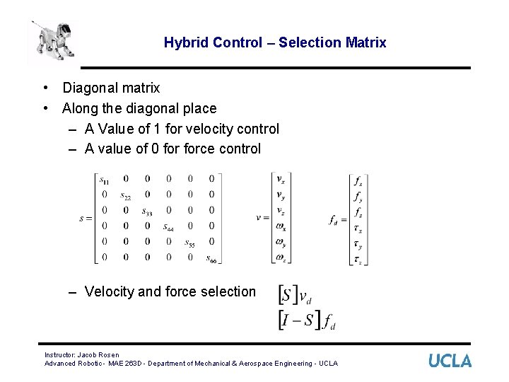 Hybrid Control – Selection Matrix • Diagonal matrix • Along the diagonal place –