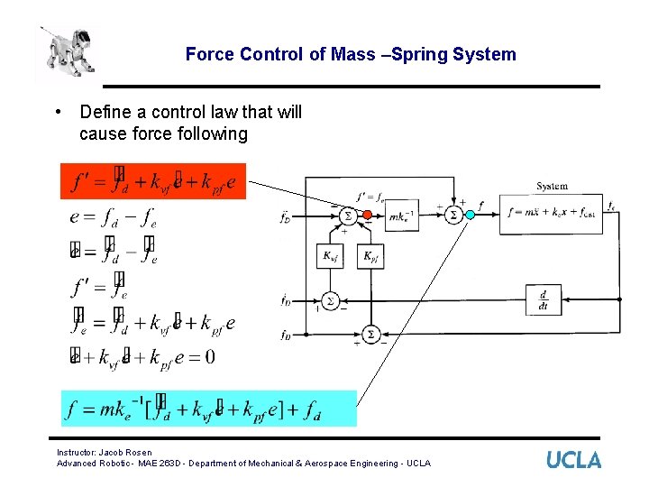 Force Control of Mass –Spring System • Define a control law that will cause