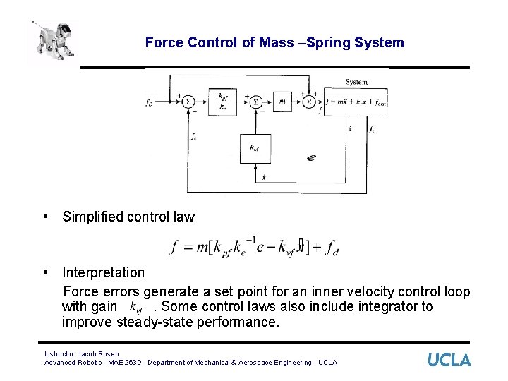 Force Control of Mass –Spring System • Simplified control law • Interpretation Force errors