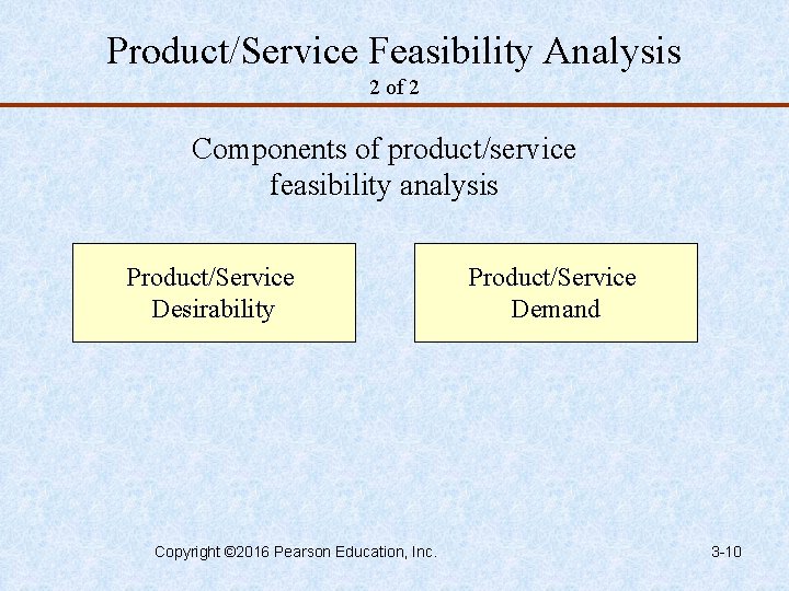 Product/Service Feasibility Analysis 2 of 2 Components of product/service feasibility analysis Product/Service Desirability Copyright