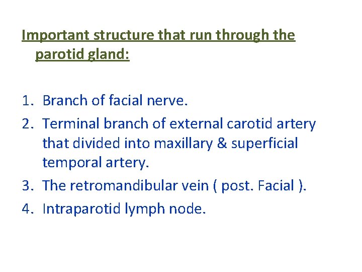 Important structure that run through the parotid gland: 1. Branch of facial nerve. 2.