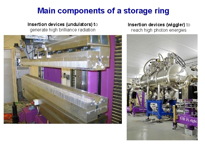 Main components of a storage ring Insertion devices (undulators) to generate high brilliance radiation