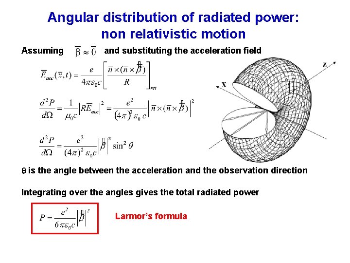 Angular distribution of radiated power: non relativistic motion Assuming and substituting the acceleration field