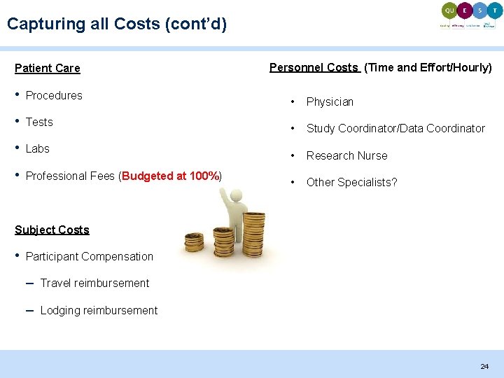 Capturing all Costs (cont’d) Patient Care • Procedures • Tests • Labs • Professional