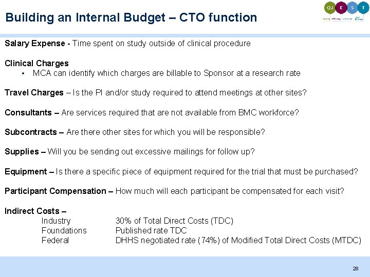 Building an Internal Budget – CTO function Salary Expense - Time spent on study Building an Internal Budget – CTO function Salary Expense - Time spent on study
