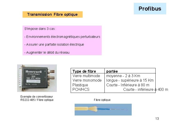 Profibus Transmission Fibre optique S'impose dans 3 cas : - Environnements électromagnétiques perturbateurs -