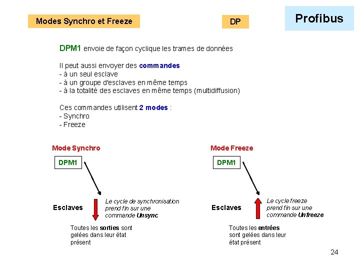 Modes Synchro et Freeze Profibus DP DPM 1 envoie de façon cyclique les trames