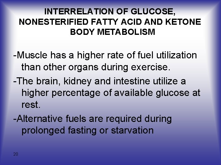 INTERRELATION OF GLUCOSE, NONESTERIFIED FATTY ACID AND KETONE BODY METABOLISM -Muscle has a higher