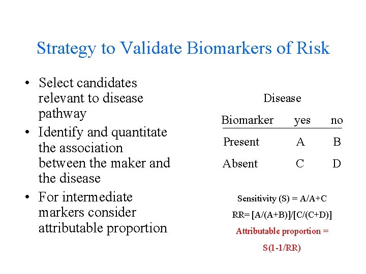 Strategy to Validate Biomarkers of Risk • Select candidates relevant to disease pathway •