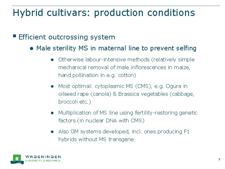 Hybrid cultivars: production conditions § Efficient outcrossing system ● Male sterility MS in maternal