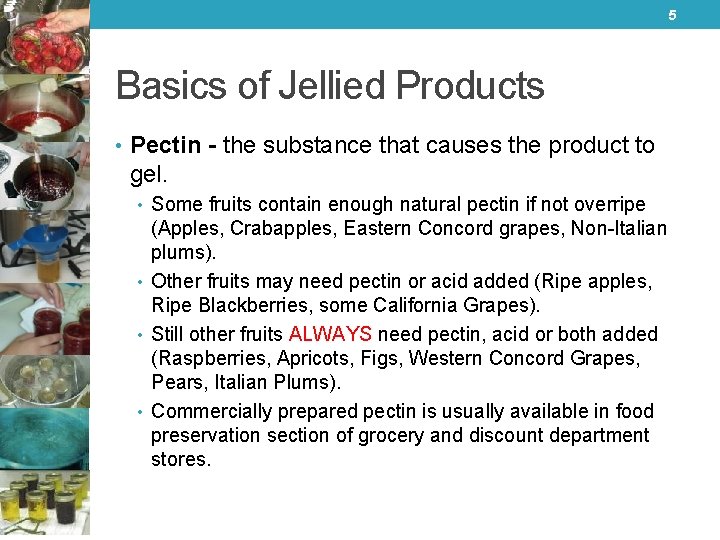 5 Basics of Jellied Products • Pectin - the substance that causes the product