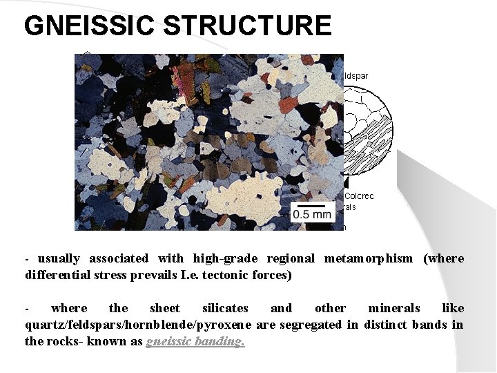 GNEISSIC STRUCTURE - usually associated with high-grade regional metamorphism (where differential stress prevails I.