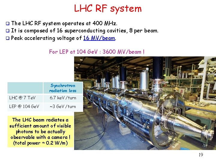 LHC RF system The LHC RF system operates at 400 MHz. q It is