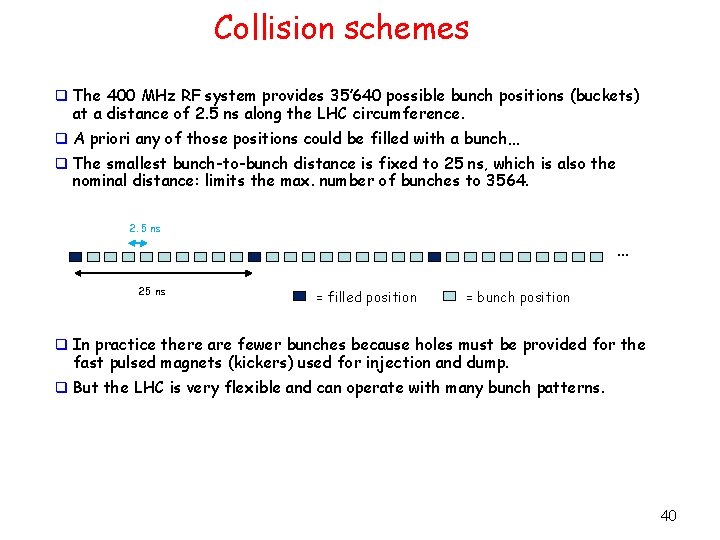 Collision schemes q The 400 MHz RF system provides 35’ 640 possible bunch positions