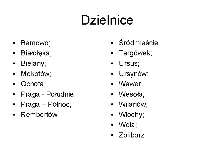 Dzielnice • • Bemowo; Białołęka; Bielany; Mokotów; Ochota; Praga - Południe; Praga – Północ;