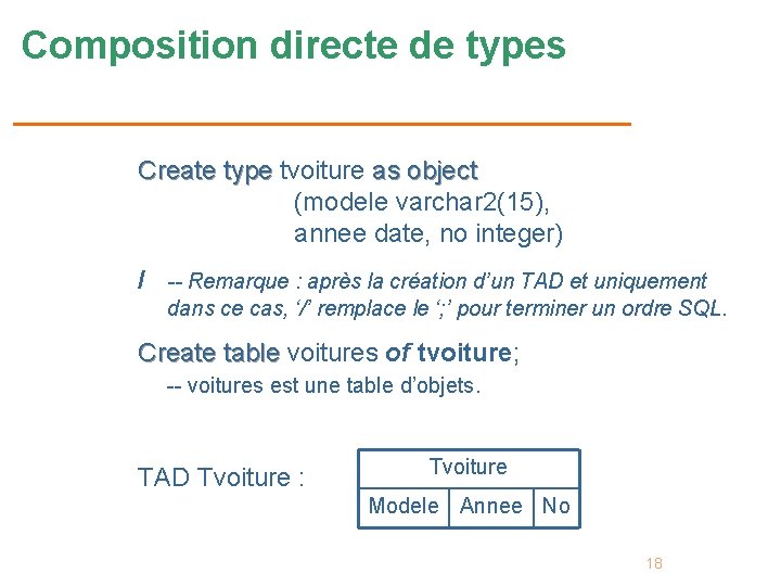 Composition directe de types Create type tvoiture as object type object (modele varchar 2(15),