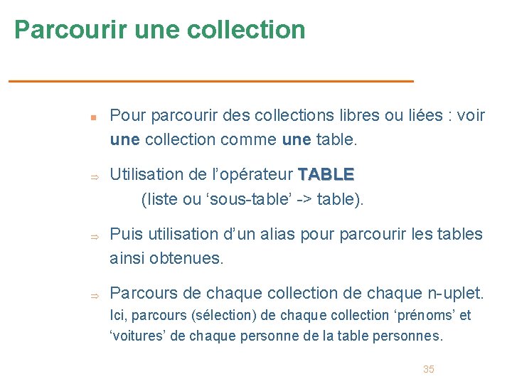 Parcourir une collection n Pour parcourir des collections libres ou liées : voir une