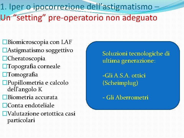 1. Iper o ipocorrezione dell’astigmatismo – Un “setting” pre-operatorio non adeguato �Biomicroscopia con LAF