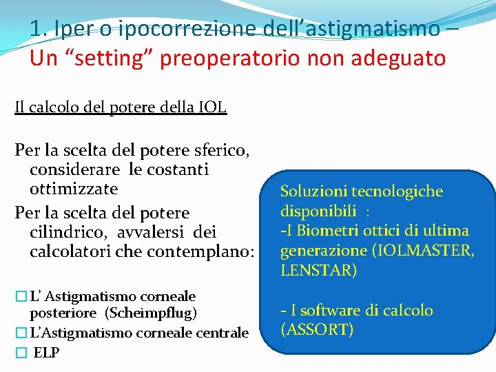 1. Iper o ipocorrezione dell’astigmatismo – Un “setting” preoperatorio non adeguato Il calcolo del