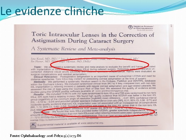 Le evidenze cliniche Fonte: Ophthalmology 2016 Feb; 123(2): 275 -86 