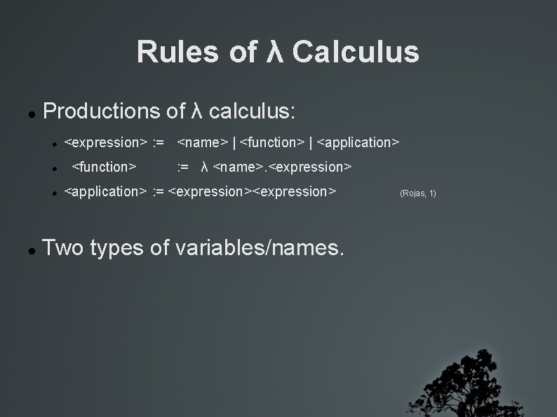 Rules of λ Calculus Productions of λ calculus: <expression> : = <name> | <function>