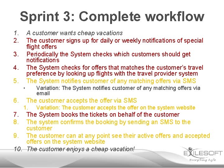 Sprint 3: Complete workflow 1. 2. A customer wants cheap vacations The customer signs
