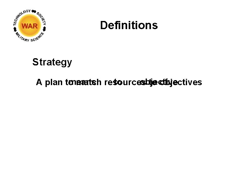 Definitions Strategy to objective means A plan to match resources to objectives 