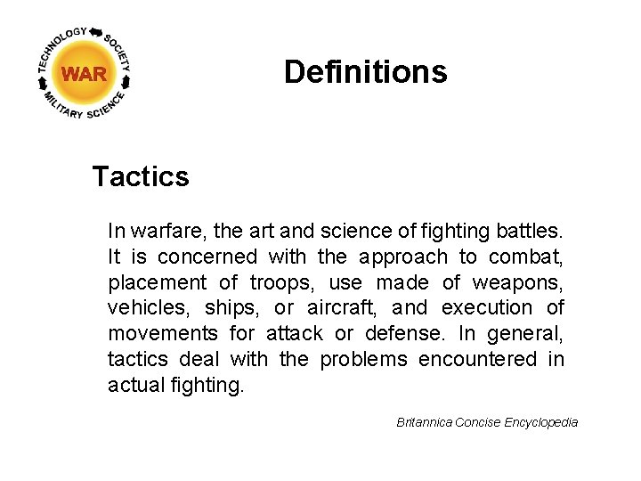 Definitions Tactics In warfare, the art and science of fighting battles. It is concerned