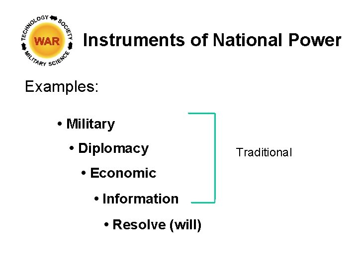 Instruments of National Power Examples: • Military • Diplomacy • Economic • Information •