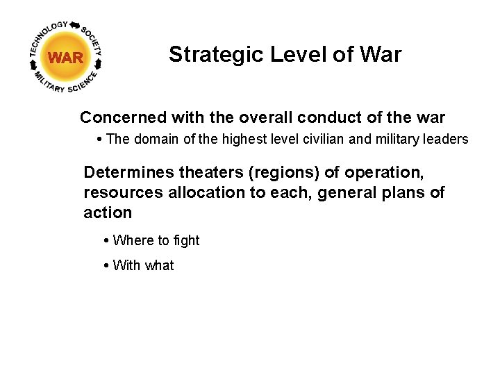 Strategic Level of War Concerned with the overall conduct of the war The domain