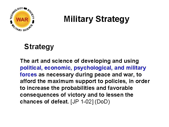 Military Strategy The art and science of developing and using political, economic, psychological, and