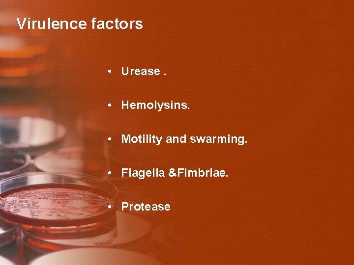 Virulence factors • Urease. • Hemolysins. • Motility and swarming. • Flagella &Fimbriae. •