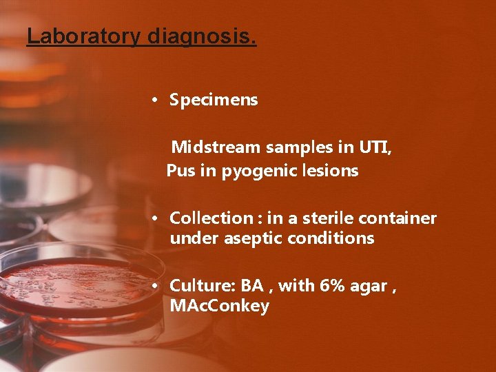 Laboratory diagnosis. • Specimens Midstream samples in UTI, Pus in pyogenic lesions • Collection