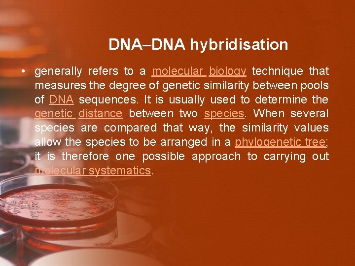 DNA–DNA hybridisation • generally refers to a molecular biology technique that measures the degree