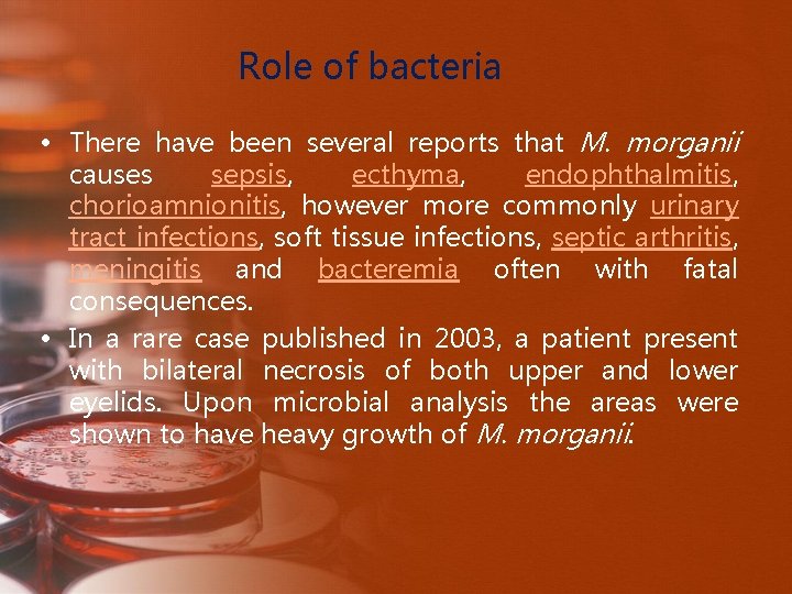 Role of bacteria • There have been several reports that M. morganii causes sepsis,