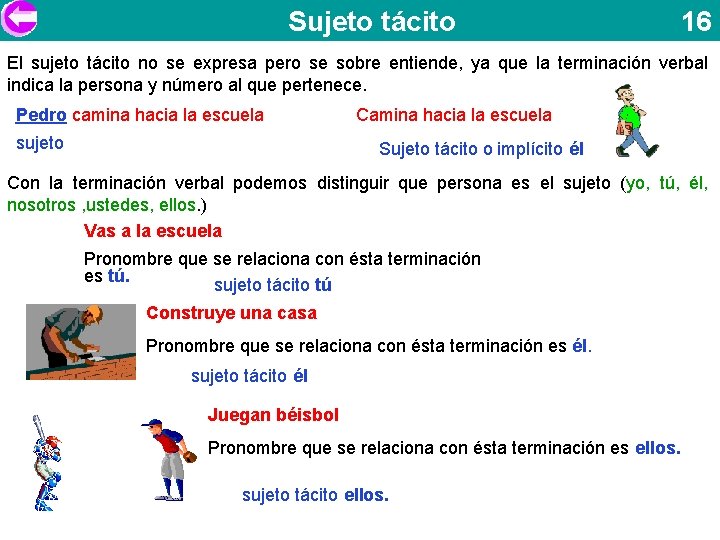 Sujeto tácito 16 El sujeto tácito no se expresa pero se sobre entiende, ya